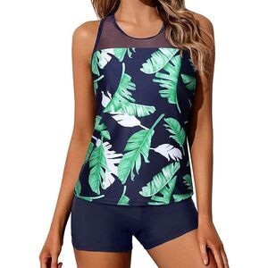 Yonique Tankini Shorts Athletic 2pc Racerback Tank Tops Swimwear SZ S Summer:NWT